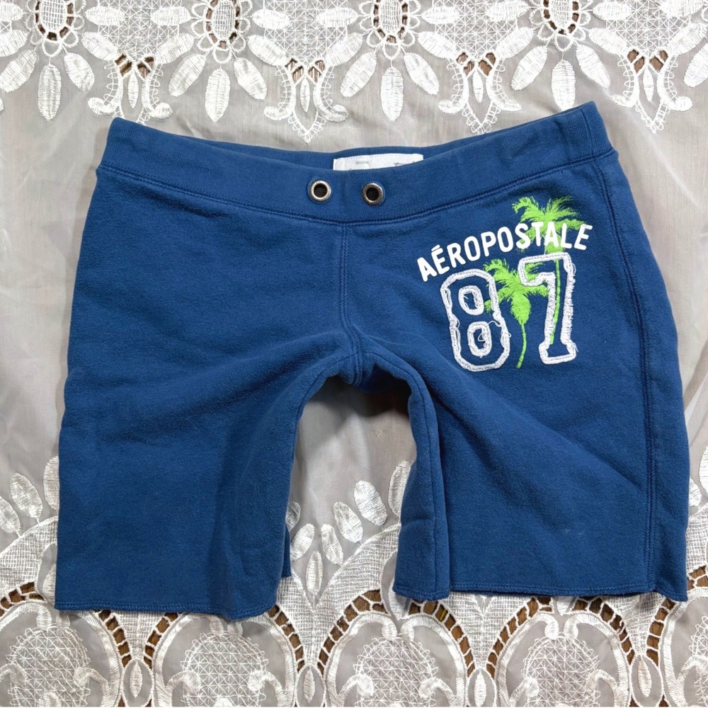 Y2K Aeropostale 87 Palm Tree Fleece Sweat Shorts Blue XS Raw Hem Collegiate - Picture 1 of 7